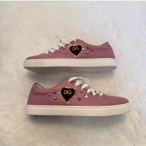 Dolce & Gabbana Shoes - Dolce & Gabbana Pink Leather Devotion Sneakers